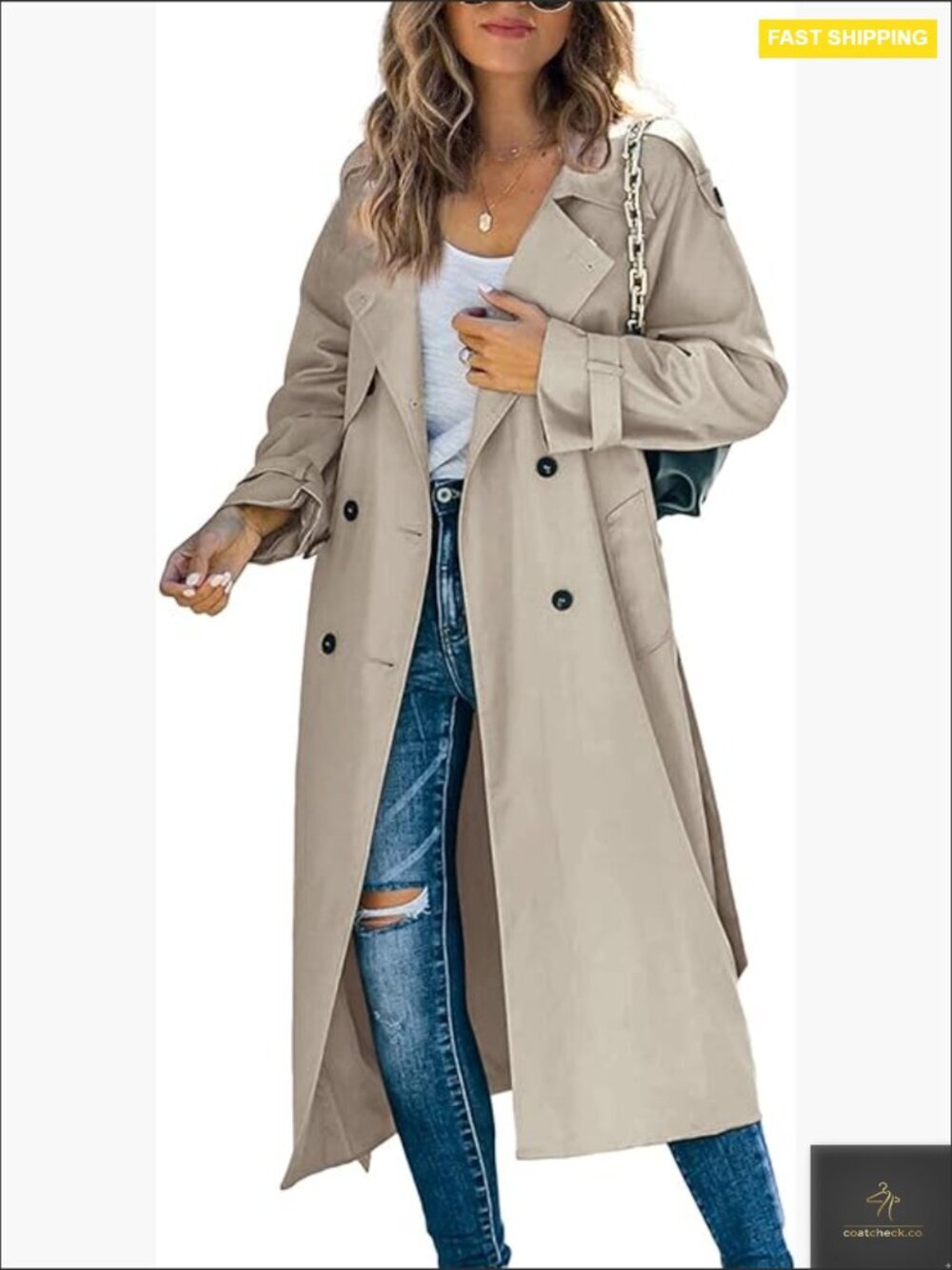 Double Breasted Long Trench Coat Classic Lapel Slim Fit Overcoat with Belt